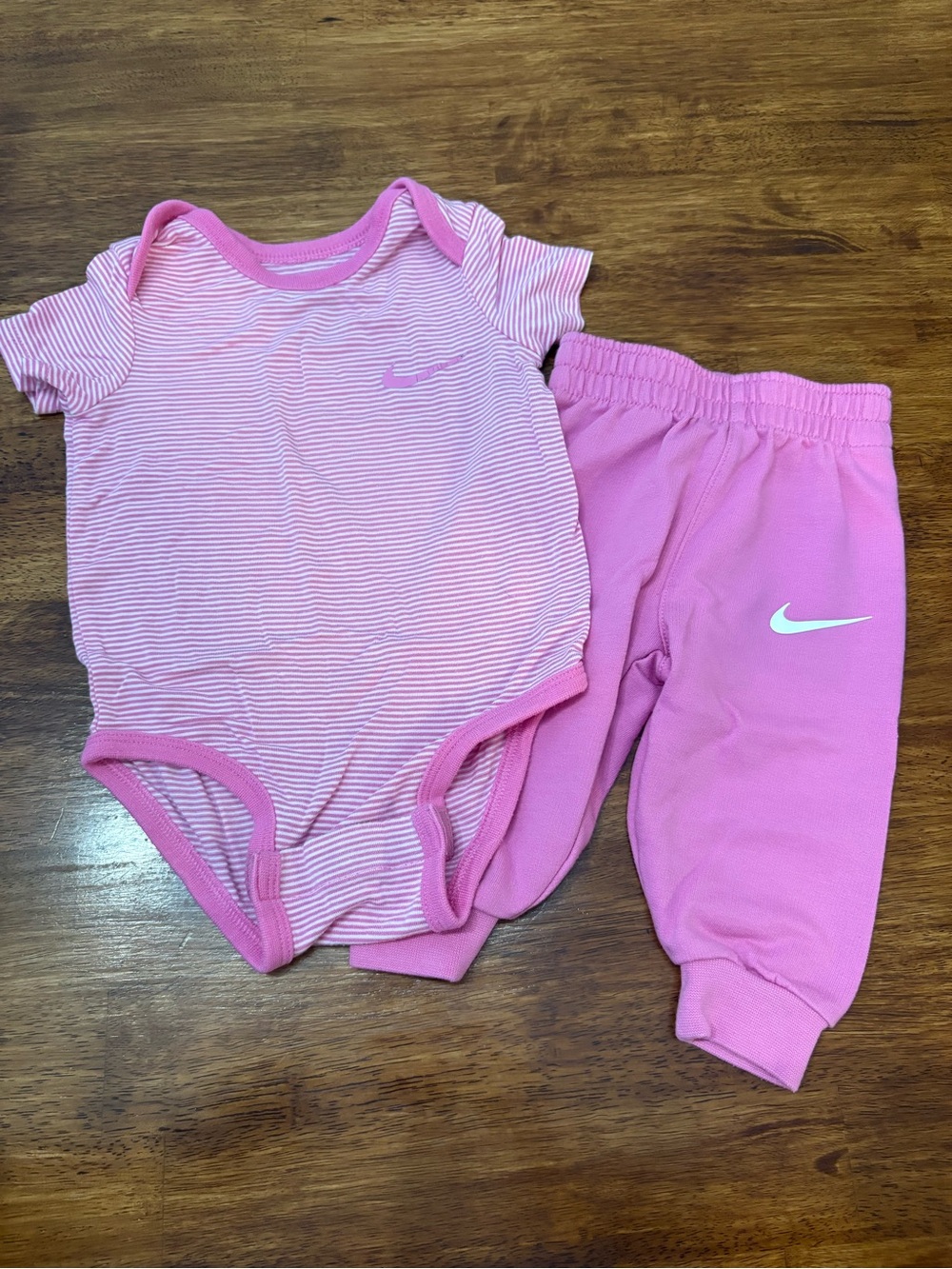 Nike Pink Striped Bodysuit and Solid Pink Joggers Set - Picture 1 of 4